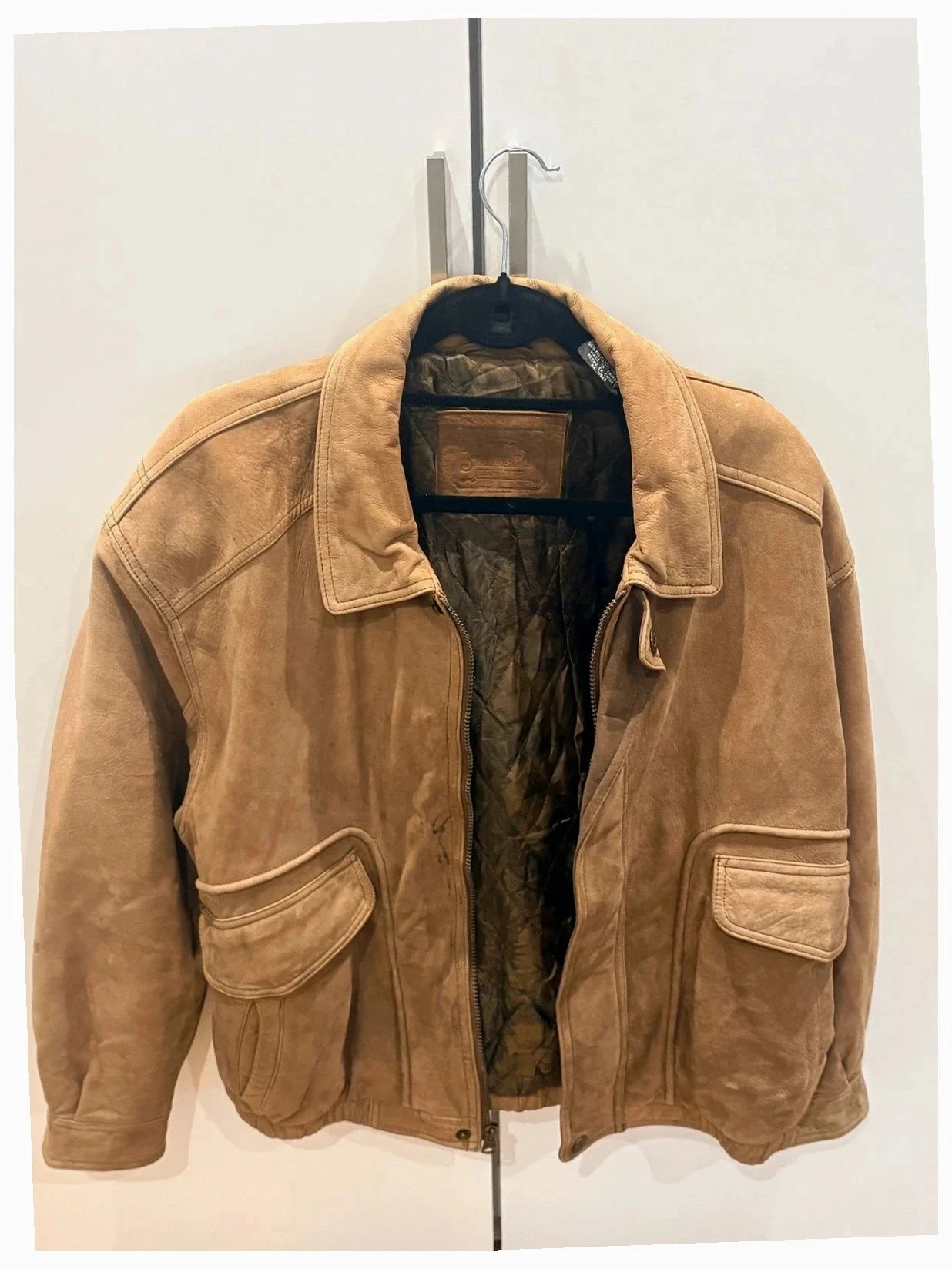 Blouson cuir daim homme marron vintage col large style aviateur taille L